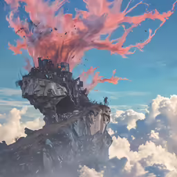 a painting with some kind of structure in the clouds
