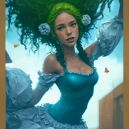 a woman with green hair and a green wig