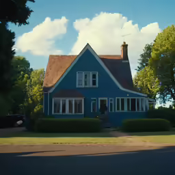 a blue house on a street in the sun
