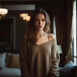 a women standing and wearing a sweater in the bedroom