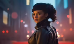 an adult in a leather jacket and black hat with a red background