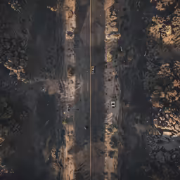 two vehicles driving on a dirt road next to a forest