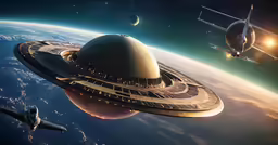 a space station with two stars in the sky above and another spaceship flying through