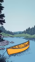 an illustrated image of a boat on a river