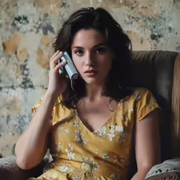 a woman sitting in a chair talking on her cellphone