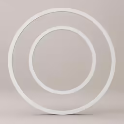 a white circle with two circular sections, and three smaller circles are in the middle