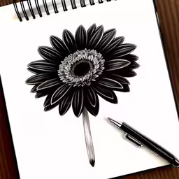 a drawing of a flower on a piece of paper,a spiral notebook sitting on a wooden table next to a pen,an artisticly designed sunflower drawing on a notebook with pens,a pencil drawing of a black flower on paper,a drawing of a sunflower, with a pen