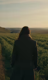 the person is walking away from the field of flowers