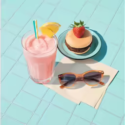 a sandwich, sunglasses and drink sitting on a tile table