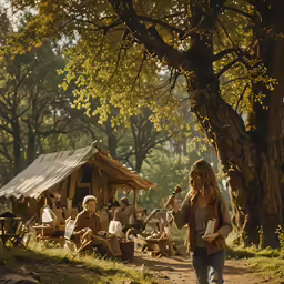 a group of people sitting and standing around a picnic table