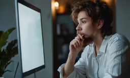 a woman looks at the screen with her hand in her mouth