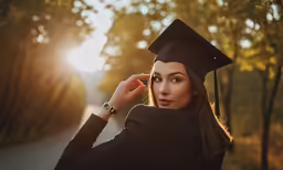 woman in graduation cap and gown holding cellphone to her ear