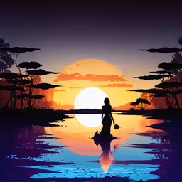 a girl sitting on top of a body of water,an image of woman standing on the beach at sunset