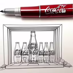 a drawing of coca - cola bottles with coke glass drawings in front,a pen on top of some bottles and some other items