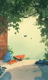 a painting with a couple of umbrellas and chairs in front of a sign