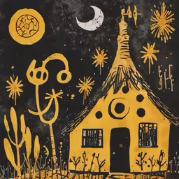 an artistic painting of a house and cactus