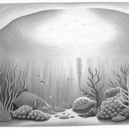 a pencil drawing of an underwater scene with fish,some very pretty looking artwork in black and white,a drawing of an underwater scene in white and black,a drawing of an underwater scene with fish and rocks,an underwater scene with rocks, trees and other things