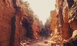 the sun shines on the rocky cliffs by a pathway