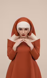 a woman in a red dress and a head covering