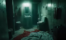 the bathroom is empty, very dark in this photo