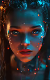 a woman with blue and pink makeup has sparkles over her hair