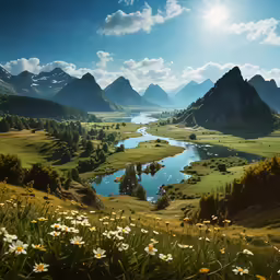 a view of mountains, rivers and a lake from a grassy valley