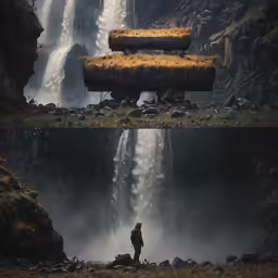 two pictures that have a person standing in front of a waterfall