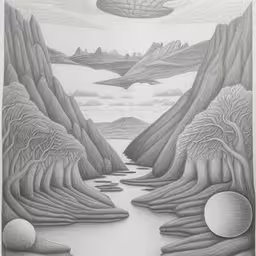 an artistic illustration that looks like a landscape with mountains and rocks,an artwork is shown, featuring mountains and a river,an abstract art piece that looks like a landscape,landscape drawing with trees, water and mountains,a drawing with many mountains and trees near the water