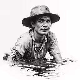 a man in a water way wearing a hat and sitting down