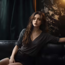 woman sitting on a black leather sofa looking sideways at the camera