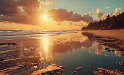 there is a beautiful sunset on the beach