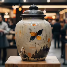 the large pottery vase is decorated with butterfly designs