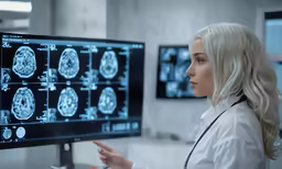 a medical woman pointing at a computer screen