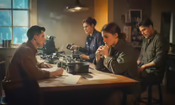 a group of people are sitting around a table
