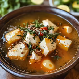 a bowl of soup is shown on a wooden table