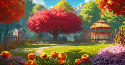 an image of a fantasy village on a sunny day,an artistic painting of a beautiful spring landscape