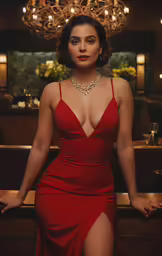 a woman in a red dress sitting in a bar