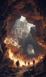 several people walking around a cave while the fire has spread