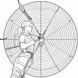 the girl with a bow and arrow is holding a shield,the girl aiming a target at an arrow,the girl in a helmet and with a sword in her hand stands in front of a wire - like target with arrows,a girl in action, shooting an arrow with her hand,the cartoon drawing shows a young woman with a bow and arrow in her hand