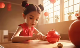 a young girl looking at a red and pink vase