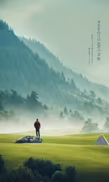 the man is standing in the middle of a large field with a tent