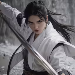 the character from sword blade is posing for the camera