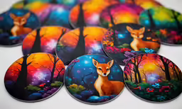 four deer coasters sitting in front of a painting