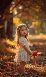 an adorable little girl standing in the middle of a field holding a red flower
