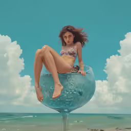 a girl is posing on a sculpture at the beach