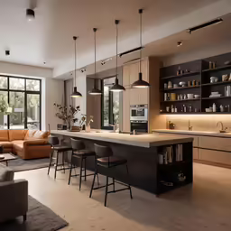a modern kitchen and living room in a house