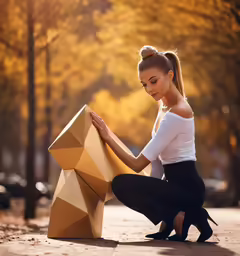 a woman wearing white shirt and black skirt kneeling next to an object
