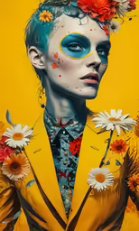 a painting of a girl with blue hair and flowers in her hair