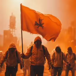 a group of people walking with a flag in the dust