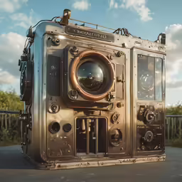 a vintage looking camera sitting in the middle of nowhere